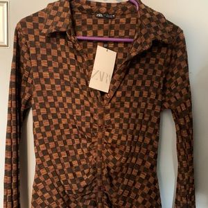 New Zara Brown Ruched Dress Large